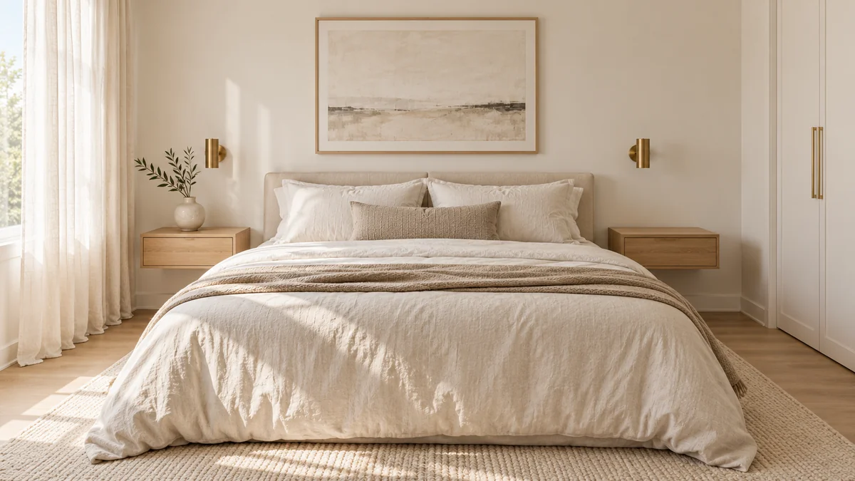 Calm small bedroom with white walls, linen bedding, and a single framed print above the bed