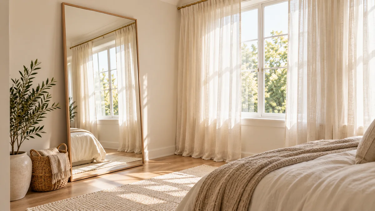 Small bedroom ideas with light: a large mirror reflecting daylight from a window with sheer curtains