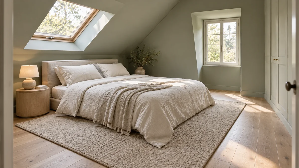 Small bedroom with a large neutral rug under the bed, calm cream bedding, and a nightstand with only two objects