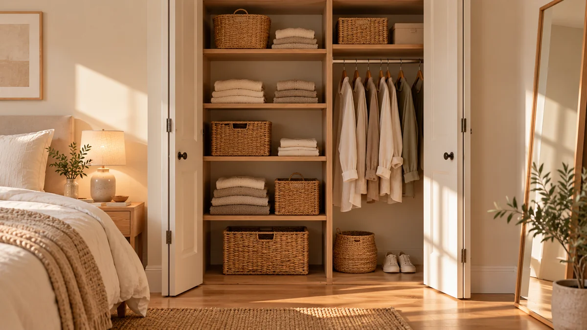 Small bedroom organization ideas: a compact reach-in closet with adjustable shelves, folded sweaters, and woven bins