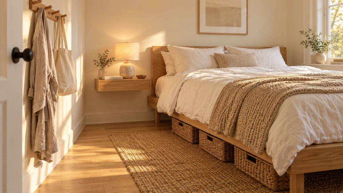 Small bedroom organization on a budget: a row of wall hooks, a floating shelf as a nightstand, and woven bins under the bed