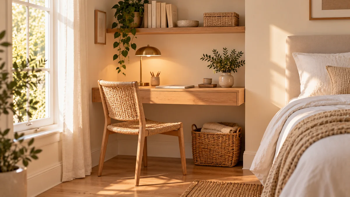 Small bedroom organization ideas: a compact desk corner with a floating shelf above it and a woven basket below