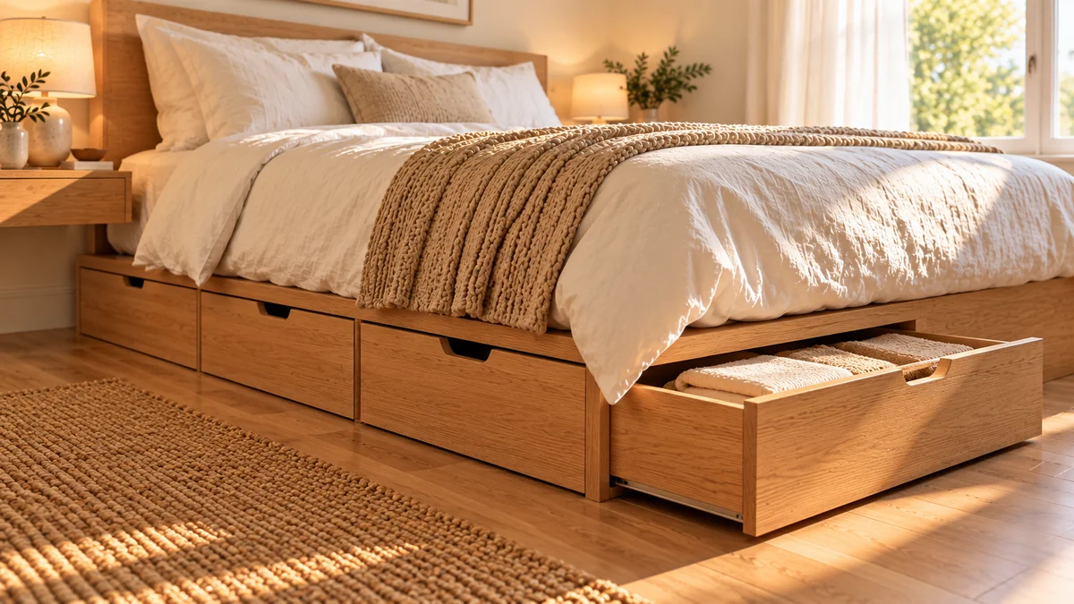 Small bedroom organization ideas: a light oak bed with built-in drawers using the space underneath