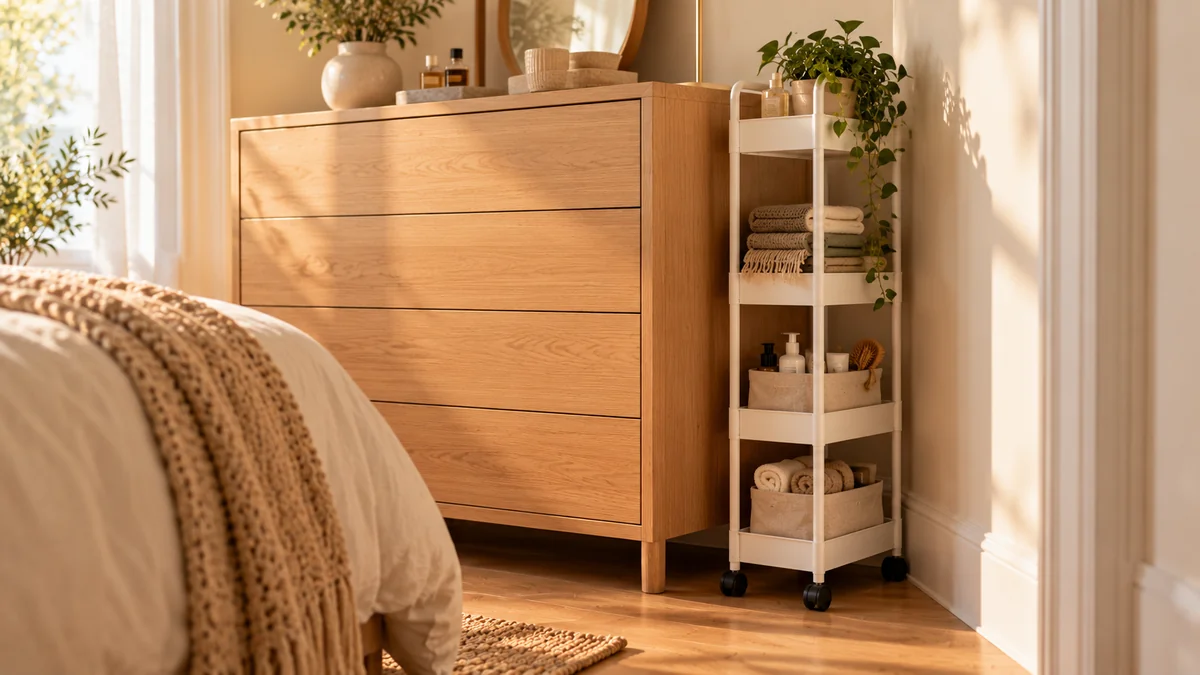 Small bedroom organization ideas: a slim rolling storage tower tucked into a narrow gap beside a dresser
