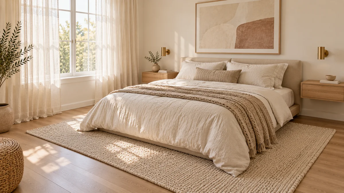 Small bedroom with a large neutral rug under the bed and one oversized art print on the wall
