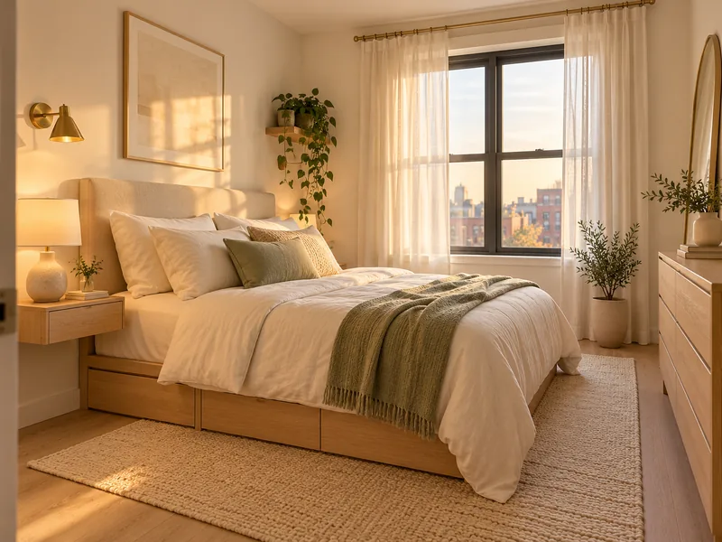 Small bedroom with storage bed drawers, linen bedding and floating nightstand