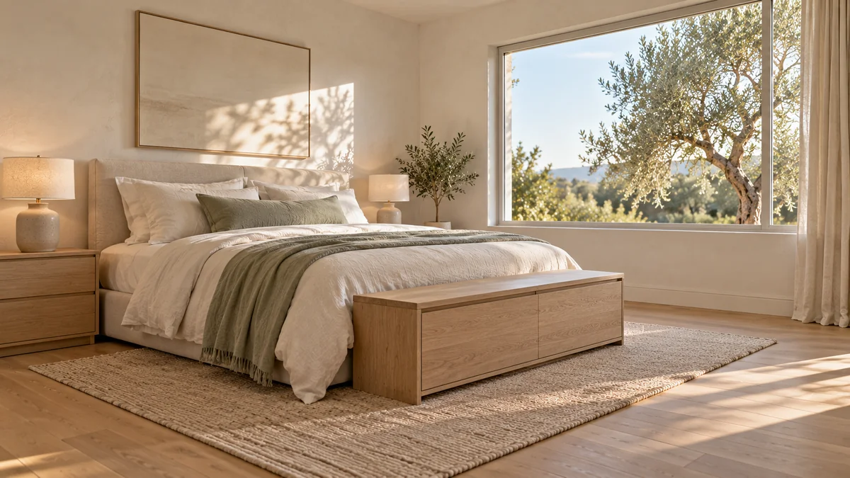 Calm small bedroom with hidden storage, a clear nightstand, a tidy bench, and an open floor around the bed