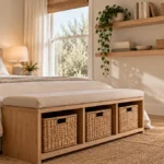 Small bedroom storage ideas: a storage bench with woven baskets at the foot of the bed and floating shelves on the wall