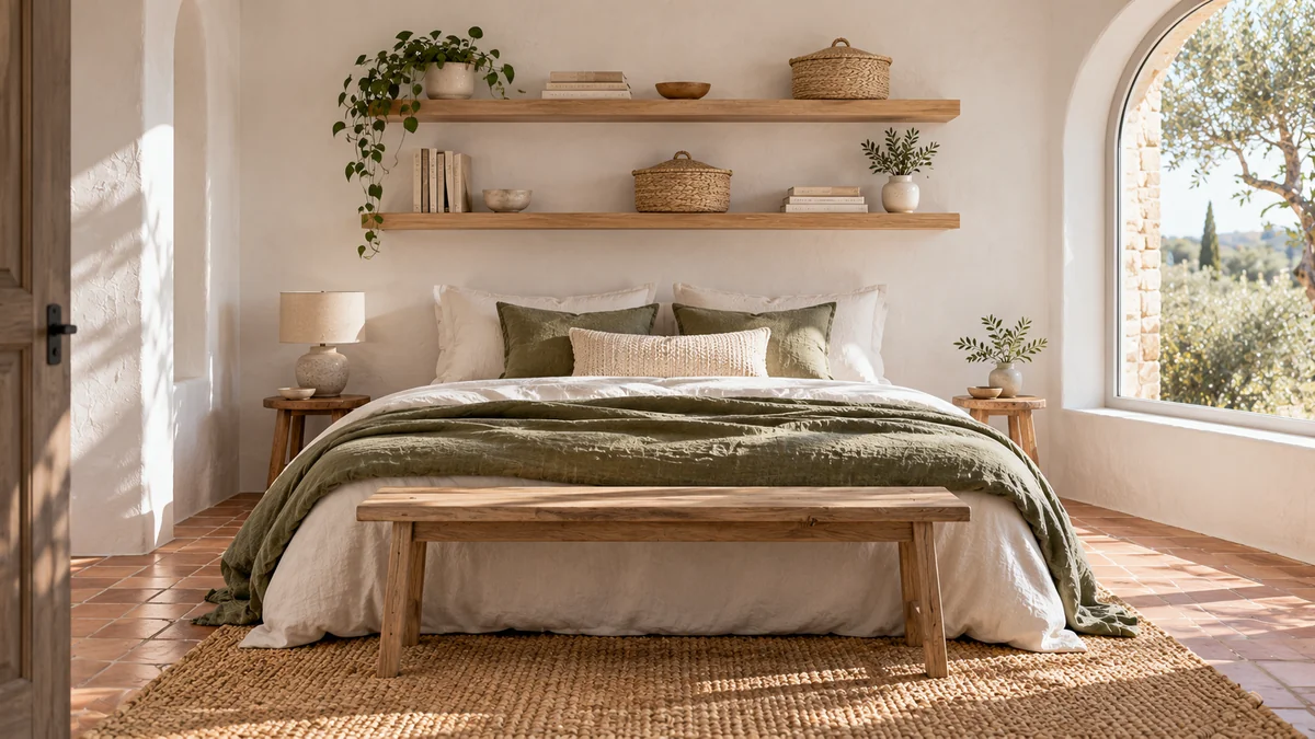 Small bedroom storage ideas on the wall: floating light oak shelves above the bed holding books, baskets, and a small plant