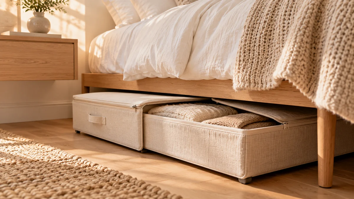 Small bedroom storage ideas under the bed: low linen bins with zip lids sliding out from beneath a light oak bed frame