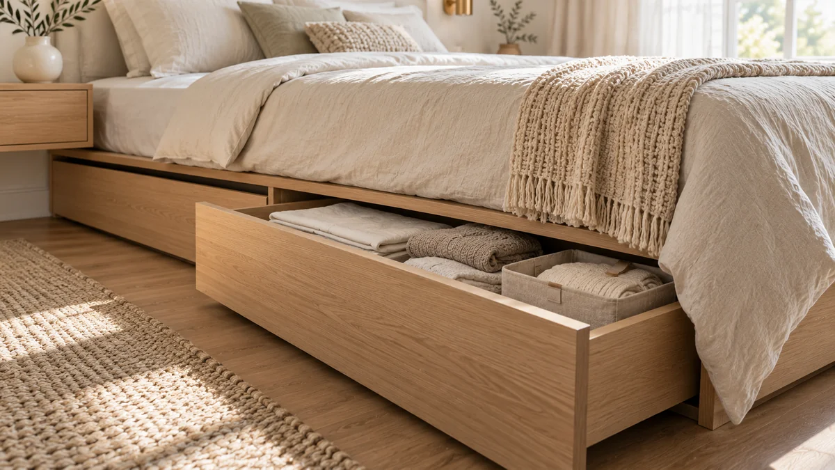 Small bedroom storage ideas: a platform bed with built-in drawers underneath for clothes and linens