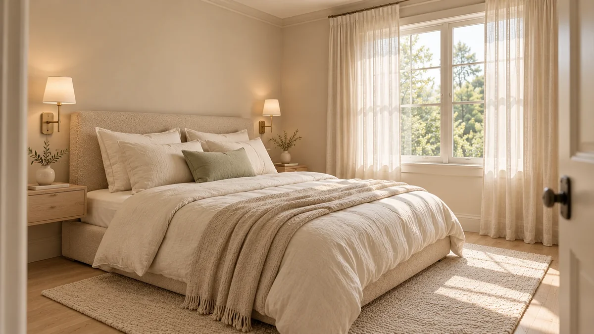 Tone-on-tone small bedroom with beige walls, a matching upholstered headboard, and cream bedding