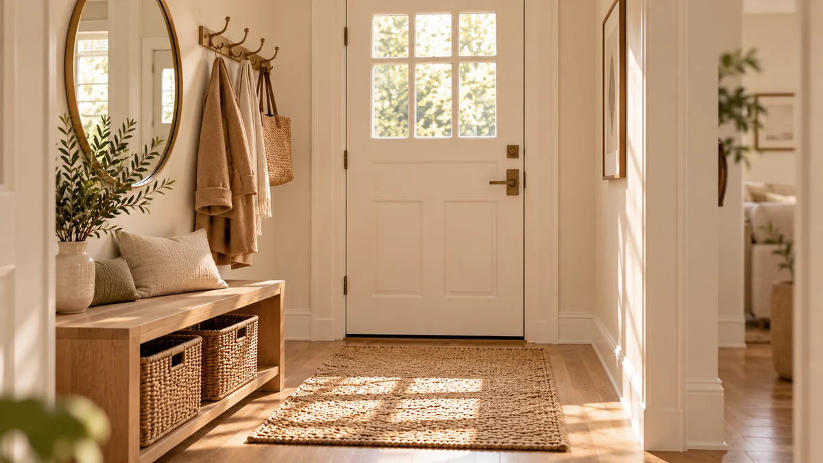 A calm small entryway with a slim bench, two baskets, brass hooks, and a round mirror, with the floor clear in front of the door