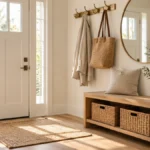 Small entryway storage ideas: a slim oak bench with baskets underneath, a row of wall hooks, and a round mirror beside the front door