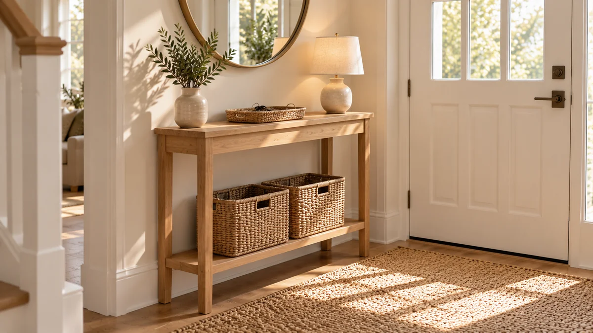 A narrow light oak console table with a woven tray for keys, a small lamp, and two baskets on the lower shelf in a small entryway