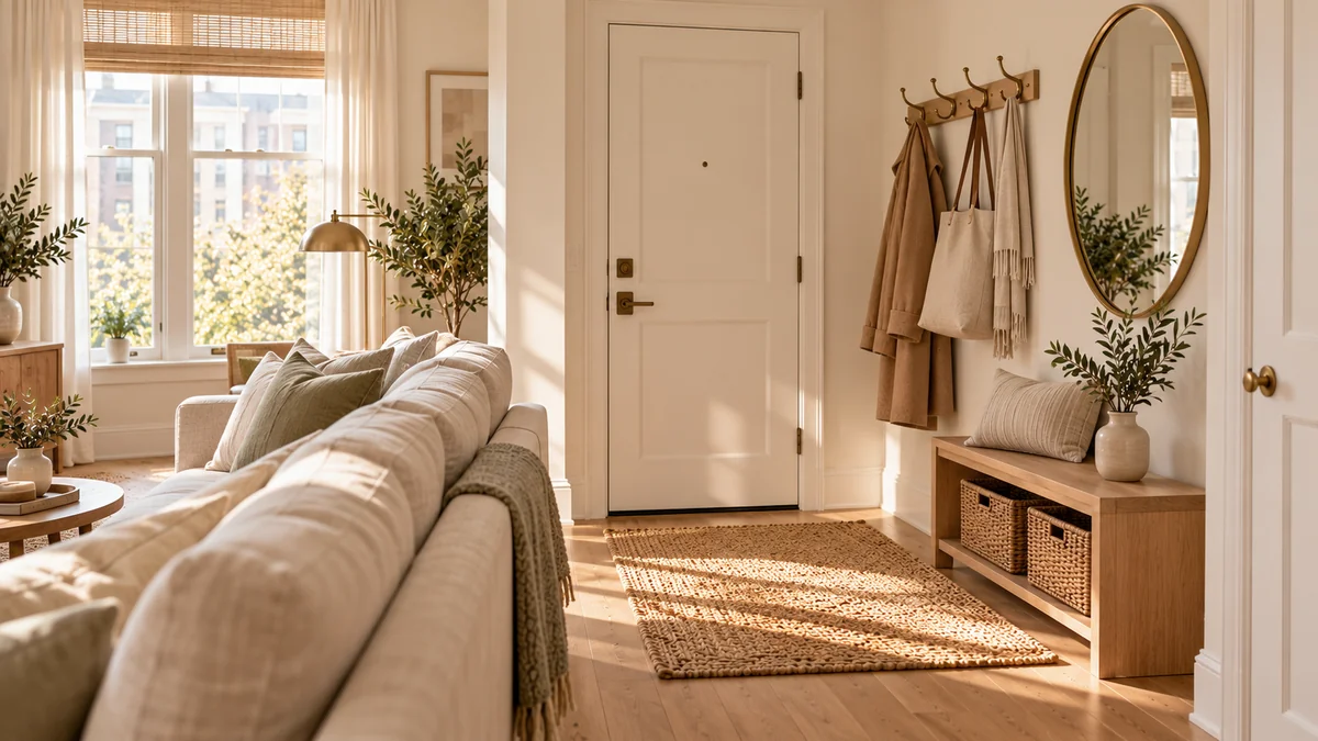 A front door opening into a small living room, with a jute rug, a slim bench, and wall hooks creating a defined entry zone
