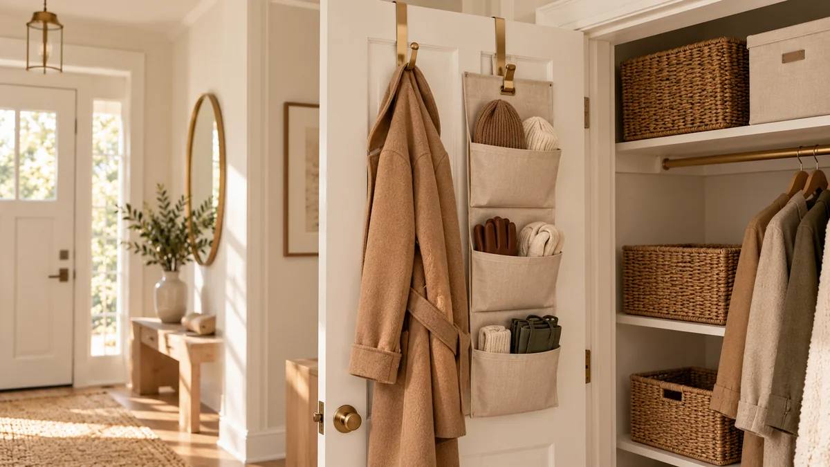 The back of a white closet door with over-the-door hooks holding a coat and a canvas pocket organizer with gloves and hats