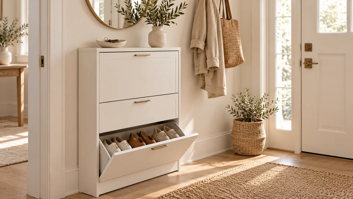 A slim white tip-out shoe cabinet against an entryway wall, with one drawer tilted open to show pairs of shoes inside