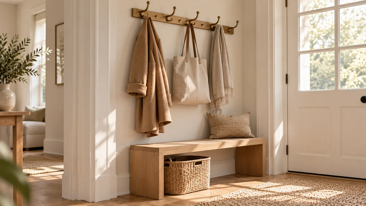 A row of brushed brass wall hooks holding a coat, a tote bag, and a scarf above a narrow oak bench in a small entryway