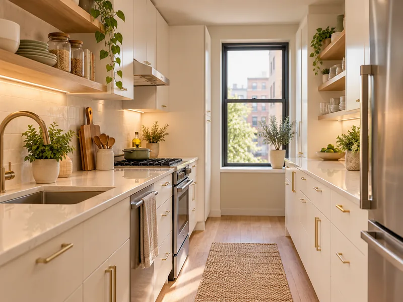 Small galley kitchen with white cabinets, open oak shelves and brass hardware