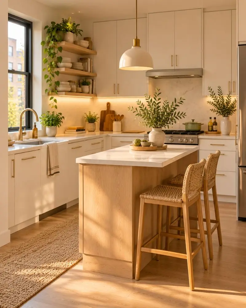 Elegant small kitchen with light oak island, rattan stools and brass pendant light