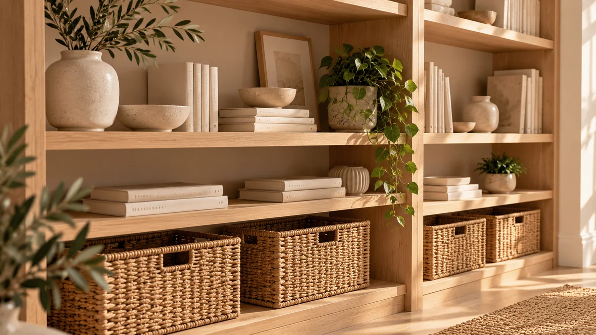Open oak shelves with matching woven baskets on the lower shelves and a few books and ceramics on the upper shelves