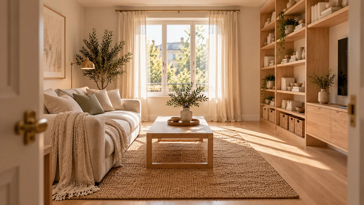 A calm small living room with a clear coffee table, a linen sofa, oak shelves with baskets, and an open floor