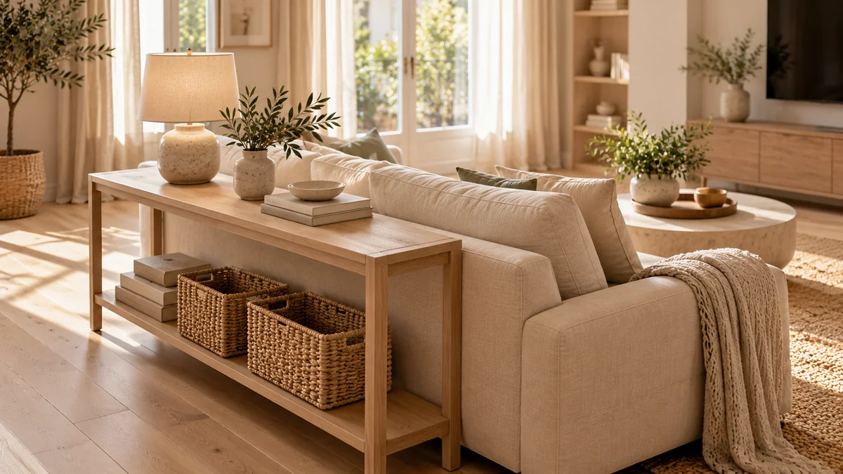 A narrow light oak console table behind a linen sofa with a lamp, a few books, and two woven baskets on the lower shelf