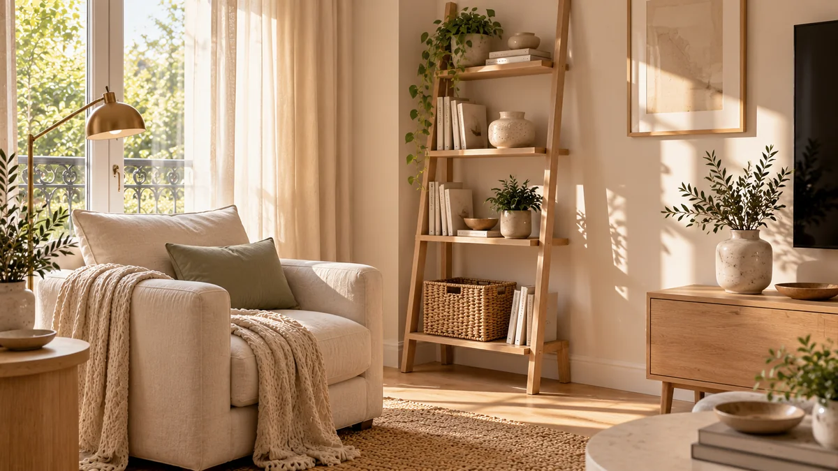 A light oak ladder shelf leaning in the corner of a small living room, holding books, a plant, and a woven basket