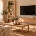 Small living room storage ideas: a wall-mounted TV between two light oak open shelves with woven baskets, above a floating media console