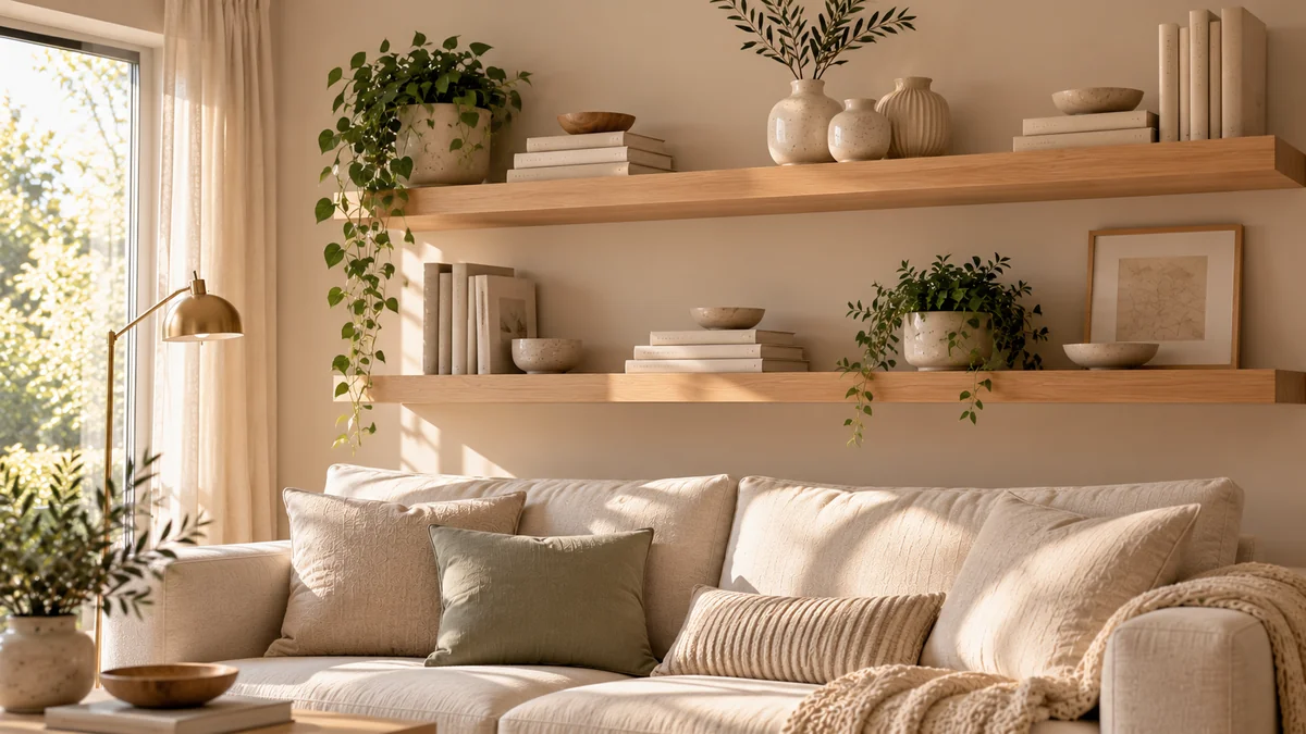 Styled oak shelves in a small living room with books, ceramics, and baskets arranged with space left between them