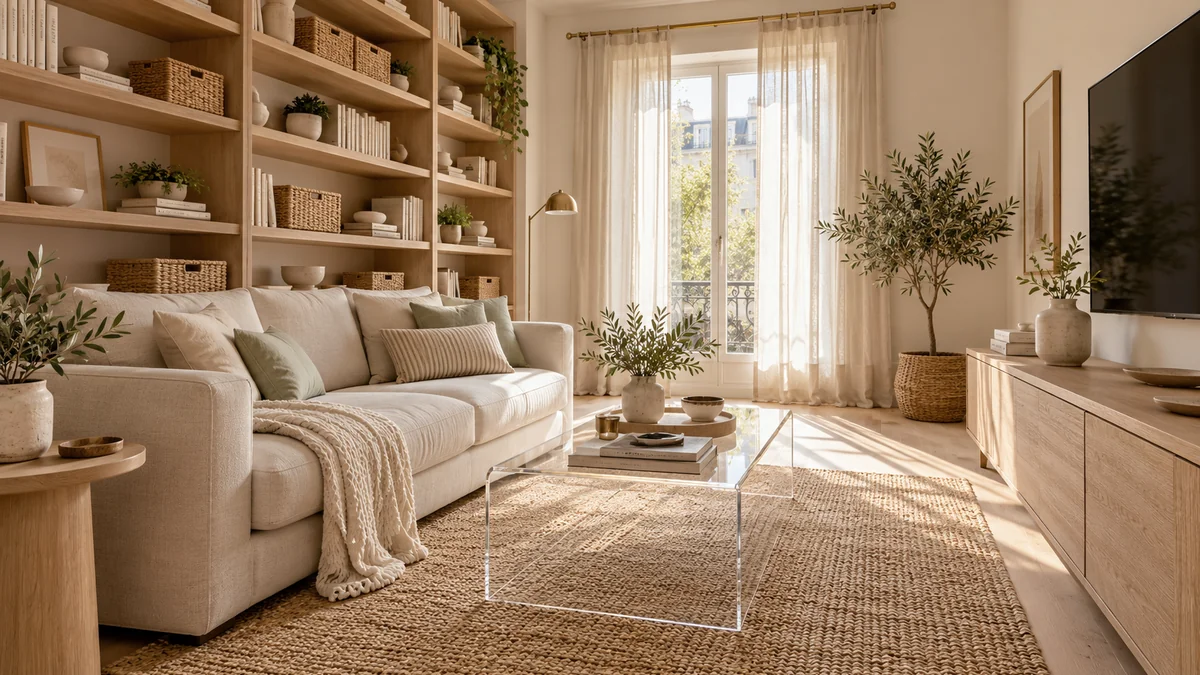 A floor-to-ceiling wall of light oak shelves holding books, woven baskets, and a few ceramics in a small living room
