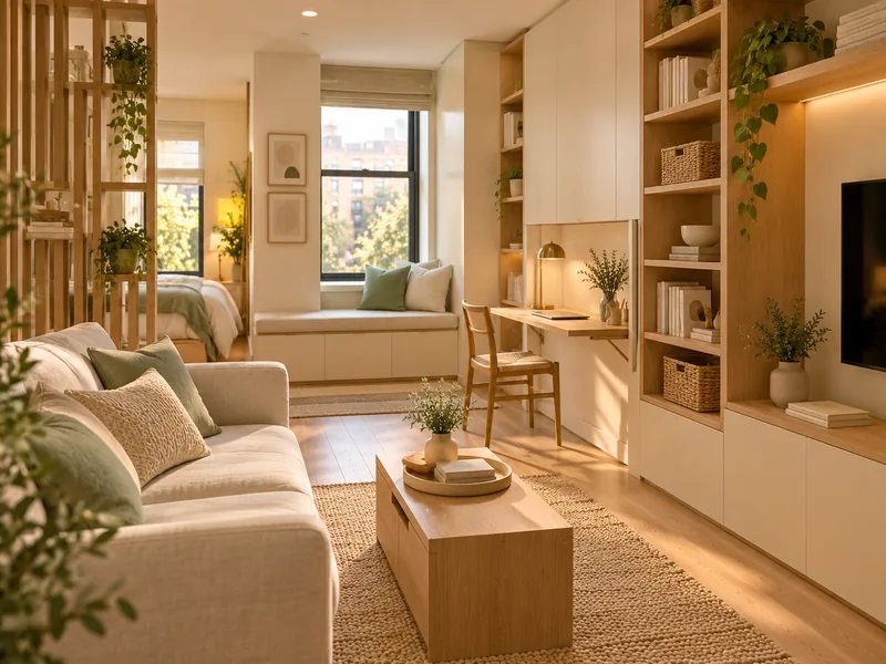 Small studio apartment with built-in storage, fold-down desk and storage coffee table
